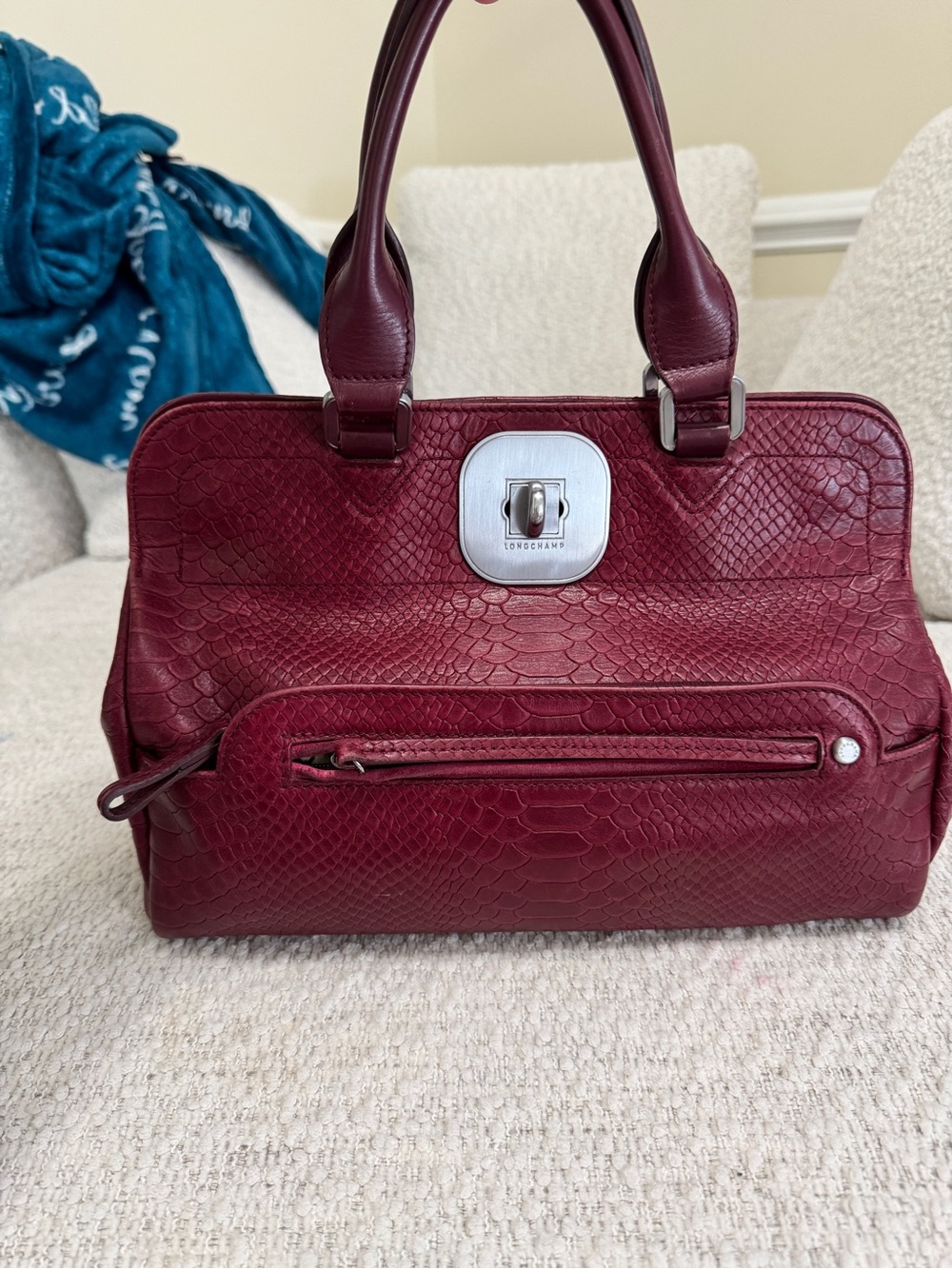 Longchamp Gatsby Satchel Red Python Embossed Twist Lock Structured Purse France